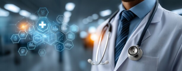 Close-Up of Doctor with Stethoscope and Futuristic Medical Technology Interface – Digital Health Innovations, Smart Diagnostics, and Advanced Healthcare Solutions