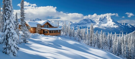 A snow-covered wooden cabin nestled on a mountainside, surrounded by snow-laden evergreen trees.  Majestic snow-capped mountains form a breathtaking backdrop under a vibrant blue sky