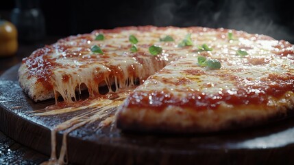 A steaming cheese pizza, a slice removed, revealing melted mozzarella and tomato sauce, sits on a rustic wooden board