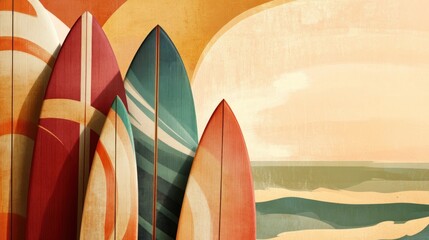 A stylized depiction of five vintage surfboards leaning against a backdrop of a sunset over a beach.  Warm, earthy tones dominate the image, creating a nostalgic and relaxed feel