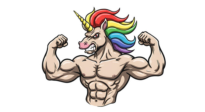 An intense unicorn muscle mascot with a colorful rainbow mane, flexing its powerful biceps. This strong and funny bodybuilder character is isolated on a flat background for easy use.