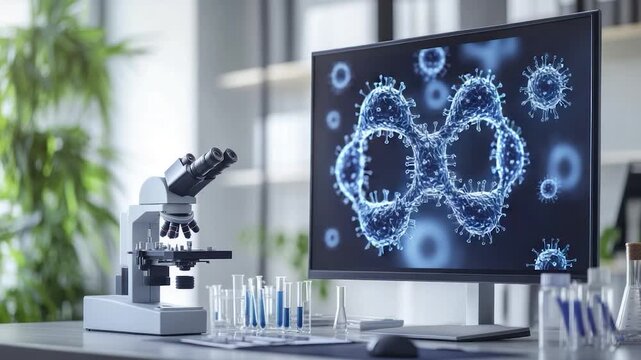 Microscope, computer monitor displaying virus model, and lab equipment on a table