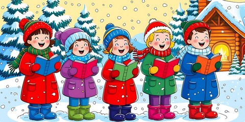Festive winter scene with joyful children singing Christmas carols outdoors in colorful clothes, standing in snow near a cozy log cabin, surrounded by decorated pine trees


