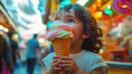 A toddler with dark curly hair enjoys a large swirl soft-serve ice cream cone at a brightly lit fair or market, surrounded by blurred people and colorful lights
