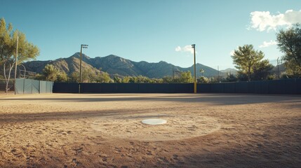 A tranquil baseball field's pitcher's mound, centered,  with a backdrop of sun-drenched mountains under a clear blue sky.