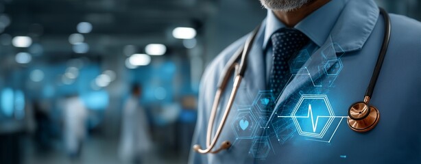 Close-Up of Doctor with Stethoscope and Futuristic Medical Technology Interface – Digital Health Innovations, Smart Diagnostics, and Advanced Healthcare Solutions