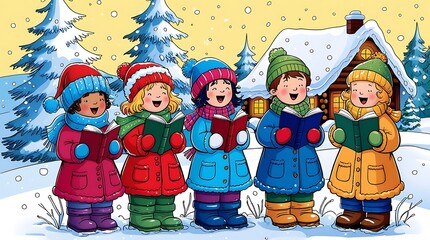 Festive winter scene with joyful children singing Christmas carols outdoors in colorful clothes, standing in snow near a cozy log cabin, surrounded by decorated pine trees

