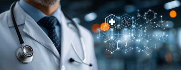 Close-Up of Doctor with Stethoscope and Futuristic Medical Technology Interface – Digital Health Innovations, Smart Diagnostics, and Advanced Healthcare Solutions