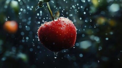 A vibrant red apple, glistening with raindrops, hangs from a stem against a blurred, dark background of foliage, water droplets suspended in mid-air