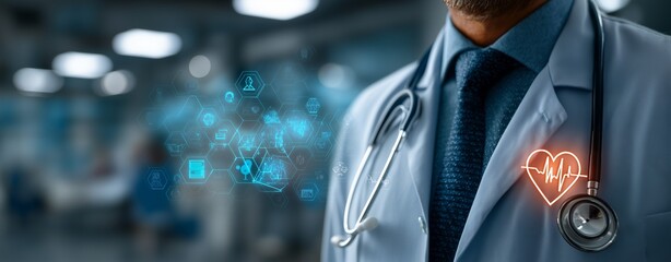 Close-Up of Doctor with Stethoscope and Futuristic Medical Technology Interface – Digital Health Innovations, Smart Diagnostics, and Advanced Healthcare Solutions