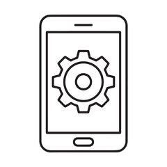 A minimalist line art icon of a smartphone with a settings gear symbol. 