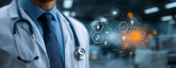 Close-Up of Doctor with Stethoscope and Futuristic Medical Technology Interface – Digital Health Innovations, Smart Diagnostics, and Advanced Healthcare Solutions