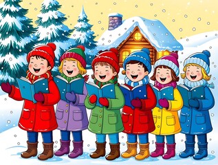 Festive winter scene with joyful children singing Christmas carols outdoors in colorful clothes, standing in snow near a cozy log cabin, surrounded by decorated pine trees

