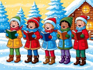 Festive winter scene with joyful children singing Christmas carols outdoors in colorful clothes, standing in snow near a cozy log cabin, surrounded by decorated pine trees

