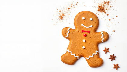 Gingerbread man cookie with a smile on a white background and copy space
