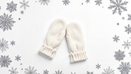 Cozy white mittens surrounded by silver snowflakes on a white background with copy space