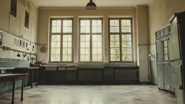 Empty, aged kitchen with large windows