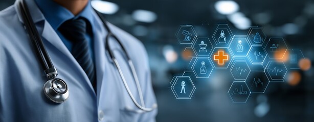 Close-Up of Doctor with Stethoscope and Futuristic Medical Technology Interface – Digital Health Innovations, Smart Diagnostics, and Advanced Healthcare Solutions