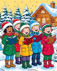 Festive winter scene with joyful children singing Christmas carols outdoors in colorful clothes, standing in snow near a cozy log cabin, surrounded by decorated pine trees

