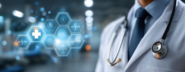 Close-Up of Doctor with Stethoscope and Futuristic Medical Technology Interface – Digital Health Innovations, Smart Diagnostics, and Advanced Healthcare Solutions