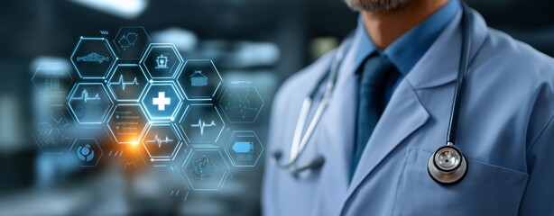 Close-Up of Doctor with Stethoscope and Futuristic Medical Technology Interface – Digital Health Innovations, Smart Diagnostics, and Advanced Healthcare Solutions