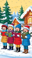 Festive winter scene with joyful children singing Christmas carols outdoors in colorful clothes, standing in snow near a cozy log cabin, surrounded by decorated pine trees

