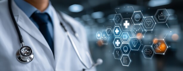 Close-Up of Doctor with Stethoscope and Futuristic Medical Technology Interface – Digital Health Innovations, Smart Diagnostics, and Advanced Healthcare Solutions
