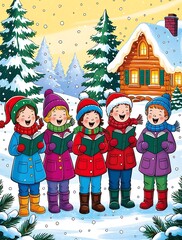 Festive winter scene with joyful children singing Christmas carols outdoors in colorful clothes, standing in snow near a cozy log cabin, surrounded by decorated pine trees

