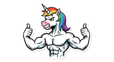 Fototapeta premium An intense unicorn muscle mascot with a colorful rainbow mane, flexing its powerful biceps. This strong and funny bodybuilder character is isolated on a flat background for easy use.