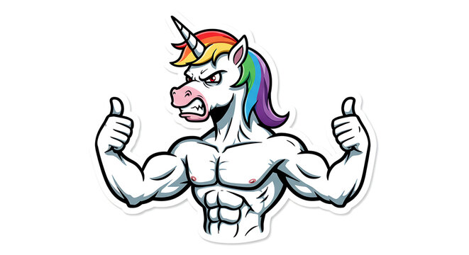 An intense unicorn muscle mascot with a colorful rainbow mane, flexing its powerful biceps. This strong and funny bodybuilder character is isolated on a flat background for easy use.