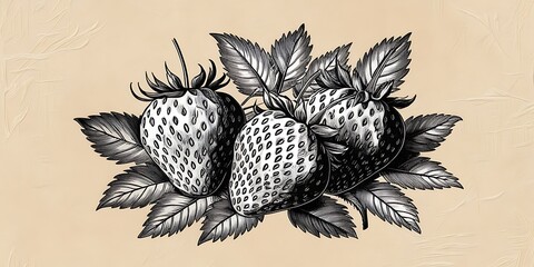 Vintage botanical illustration of strawberries on a stem with leaves in detailed black ink style, perfect for nature-inspired designs, retro art prints, and classic backgrounds


