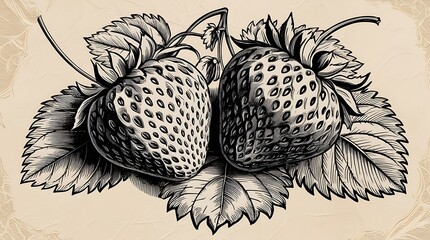 Vintage botanical illustration of strawberries on a stem with leaves in detailed black ink style, perfect for nature-inspired designs, retro art prints, and classic backgrounds

