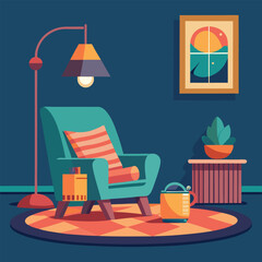 vector wooden chair beside floor lamp.