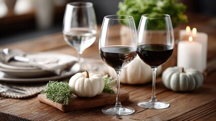Elegant fall table arrangement featuring pumpkins, candles, and wine glasses amidst warm autumn hues, captured from above