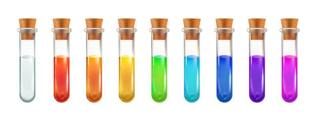 3d test tube, chemistry lab glass bottle. Witch magic potion flask, laboratory beaker vector icon. Science vial medical equipment, isolated poison antidot elixir. Realistic glassware with color water © Svetlana Ievleva