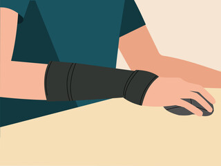 Person wearing a wrist brace for repetitive strain injuries from using computer mouse