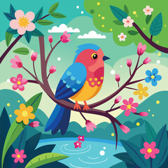 Cute cartoon birds on a tree branch with green leaves and a floral design illustrate the beauty of nature in spring