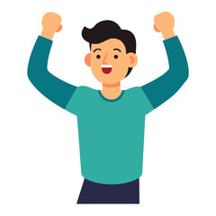 Excited man raising his arms up and clenching fists feeling happiness vector on white background.