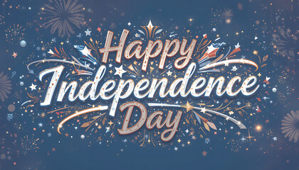 Artistic digital celebration card with "Happy Independence Day" written in stylish white script on a blue starry background, with festive elements, 4K and HD image