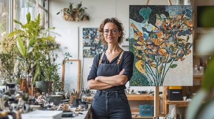 Female Mosaic Artist, hobby for adults,  Confident female mosaic artist standing with arms crossed in vibrant art studio