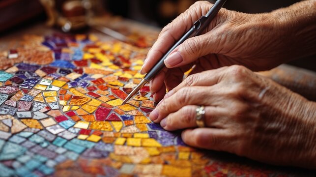 Female Mosaic Artist, hobby ffor adults, Female mosaic artist working on colorful tile art project in artisan studio