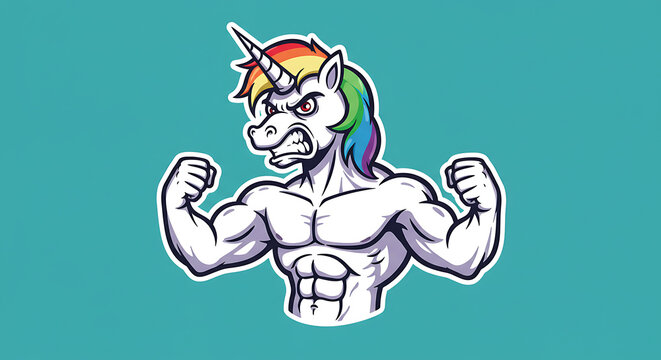 An intense unicorn muscle mascot with a colorful rainbow mane, flexing its powerful biceps. This strong and funny bodybuilder character is isolated on a flat background for easy use.
