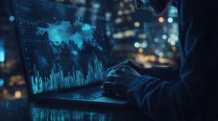 Trader looking at multiple monitors displaying bullish and bearish stock market charts, analyzing financial trends, investment opportunities, trading strategy, wide banner copy space