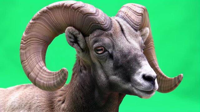 Majestic Bighorn Ram Portrait with Impressive Curled Horns Against a Vibrant Green Background, Wildlife Animal Close-up