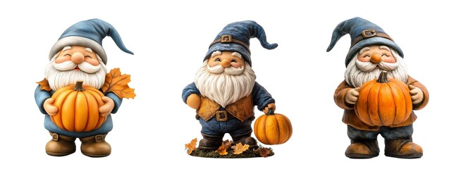 Set of Garden Gnome with Pumpkin Isolated on Transparent Background. PNG