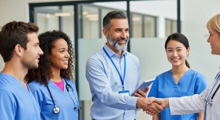 A diverse group of medical professionals in discussion, with two shaking hands