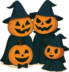 Pumpkin Family with Witch Hats and Capes &ndash; Cute Halloween Character Vector Illustration