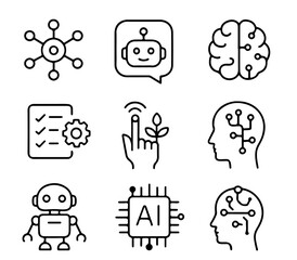 A set of intricate minimalist line icons that capture essential elements of artificial intelligence (AI) and modern technological innovations. A digital rendering illustration.