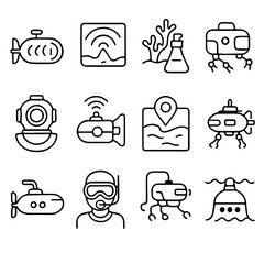 Submarine, sonar, diver, underwater equipment - a collection of intricate, monochromatic vector illustrations depicting various aspects of ocean exploration. 