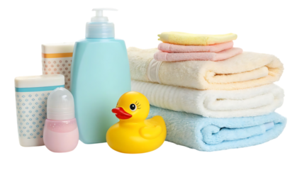 Collection of baby bath time essentials including towels and rubber duck isolated on transparent background